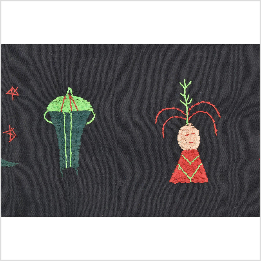 Outer-space black cotton story quilt Naga tribal textile ethnic embroidered boho fabric Burma hill tribe tapestry Thai India Hmong II247