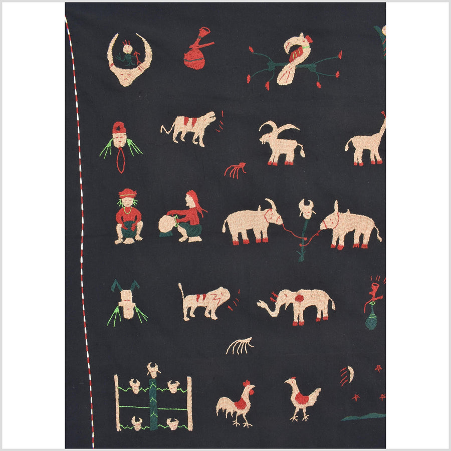 Outer-space black cotton story quilt Naga tribal textile ethnic embroidered boho fabric Burma hill tribe tapestry Thai India Hmong II247