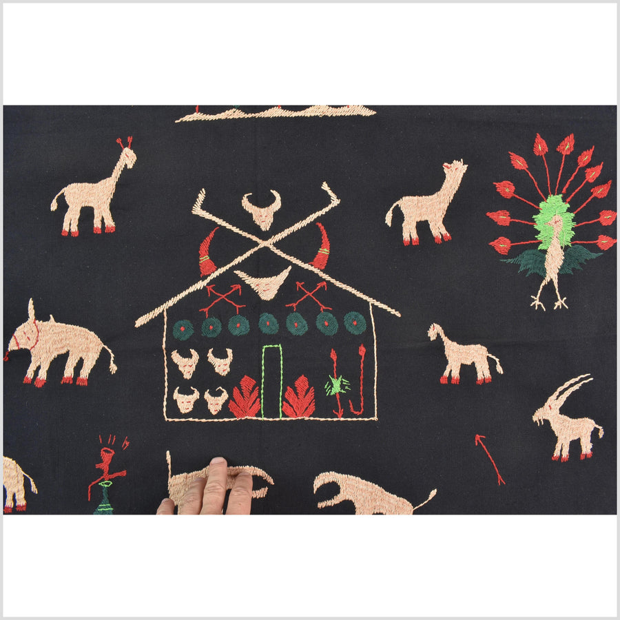 Outer-space black cotton story quilt Naga tribal textile ethnic embroidered boho fabric Burma hill tribe tapestry Thai India Hmong II247