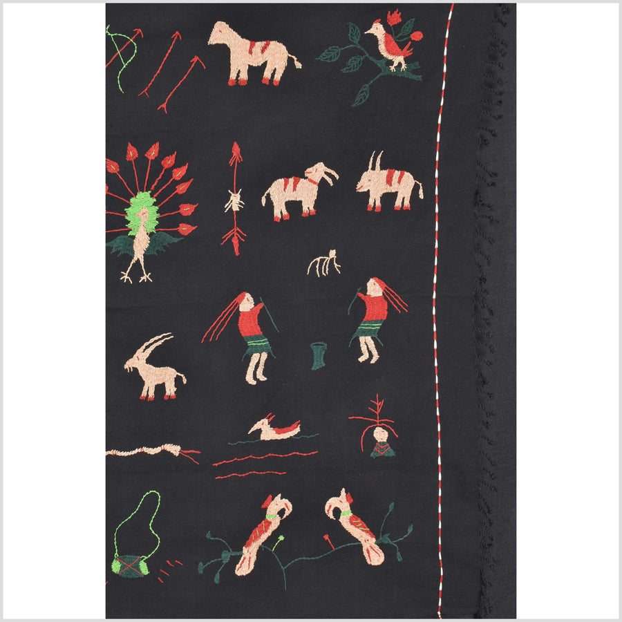 Outer-space black cotton story quilt Naga tribal textile ethnic embroidered boho fabric Burma hill tribe tapestry Thai India Hmong II247