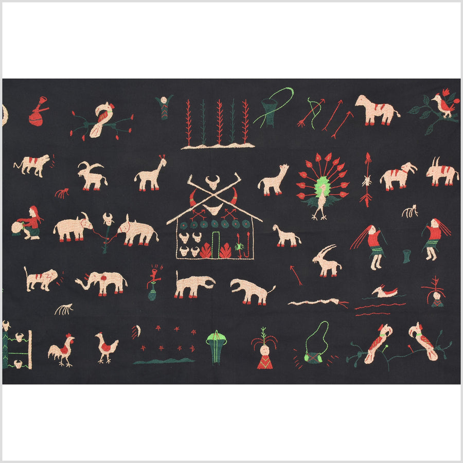 Outer-space black cotton story quilt Naga tribal textile ethnic embroidered boho fabric Burma hill tribe tapestry Thai India Hmong II247
