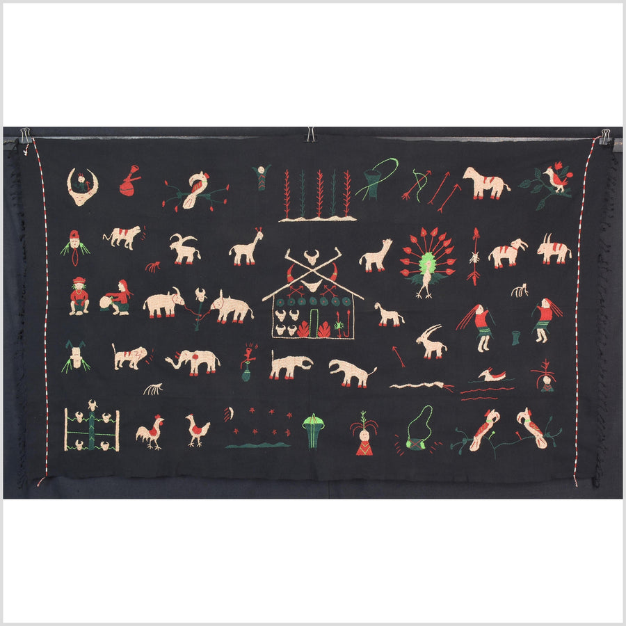Outer-space black cotton story quilt Naga tribal textile ethnic embroidered boho fabric Burma hill tribe tapestry Thai India Hmong II247