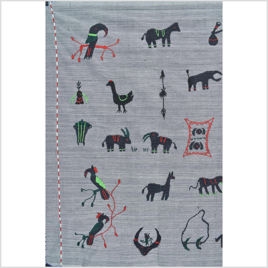 Pewter gray cotton story quilt Naga tribal textile ethnic embroidered boho fabric Burma hill tribe tapestry Thailand India Hmong II248