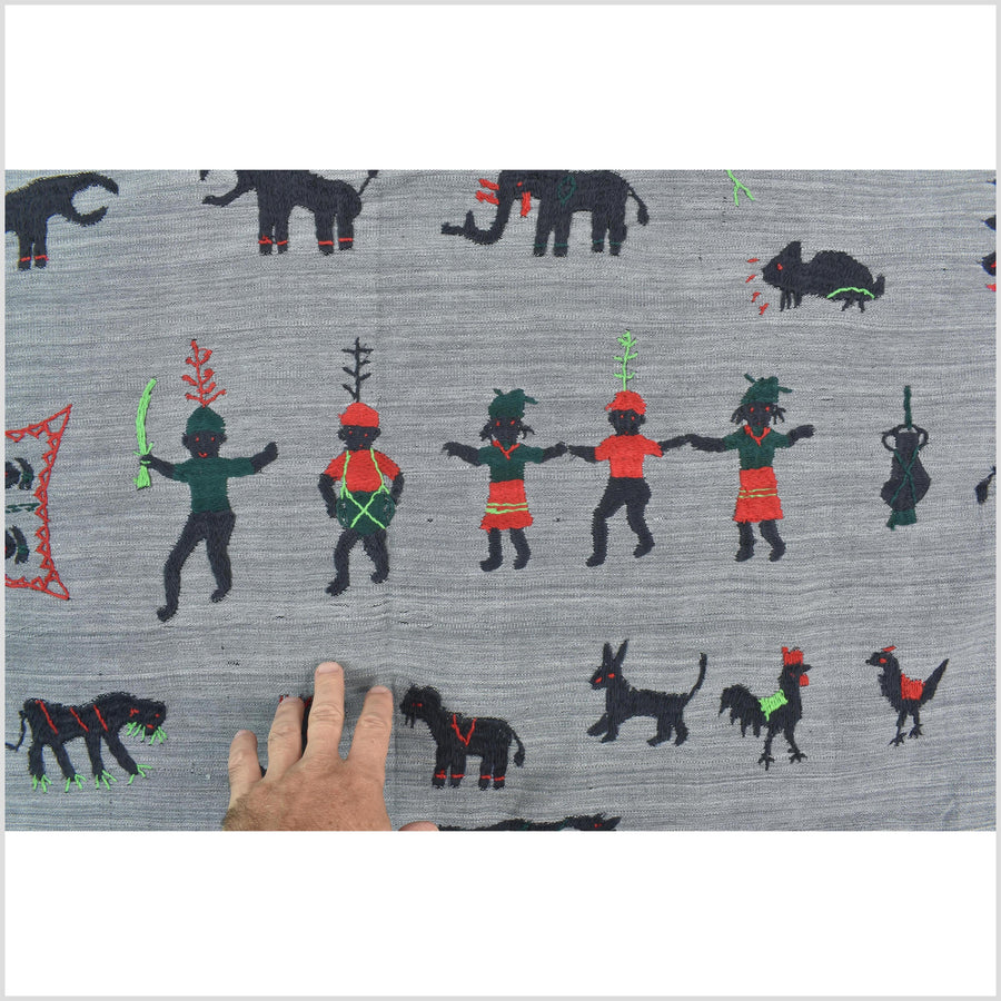 Pewter gray cotton story quilt Naga tribal textile ethnic embroidered boho fabric Burma hill tribe tapestry Thailand India Hmong II248