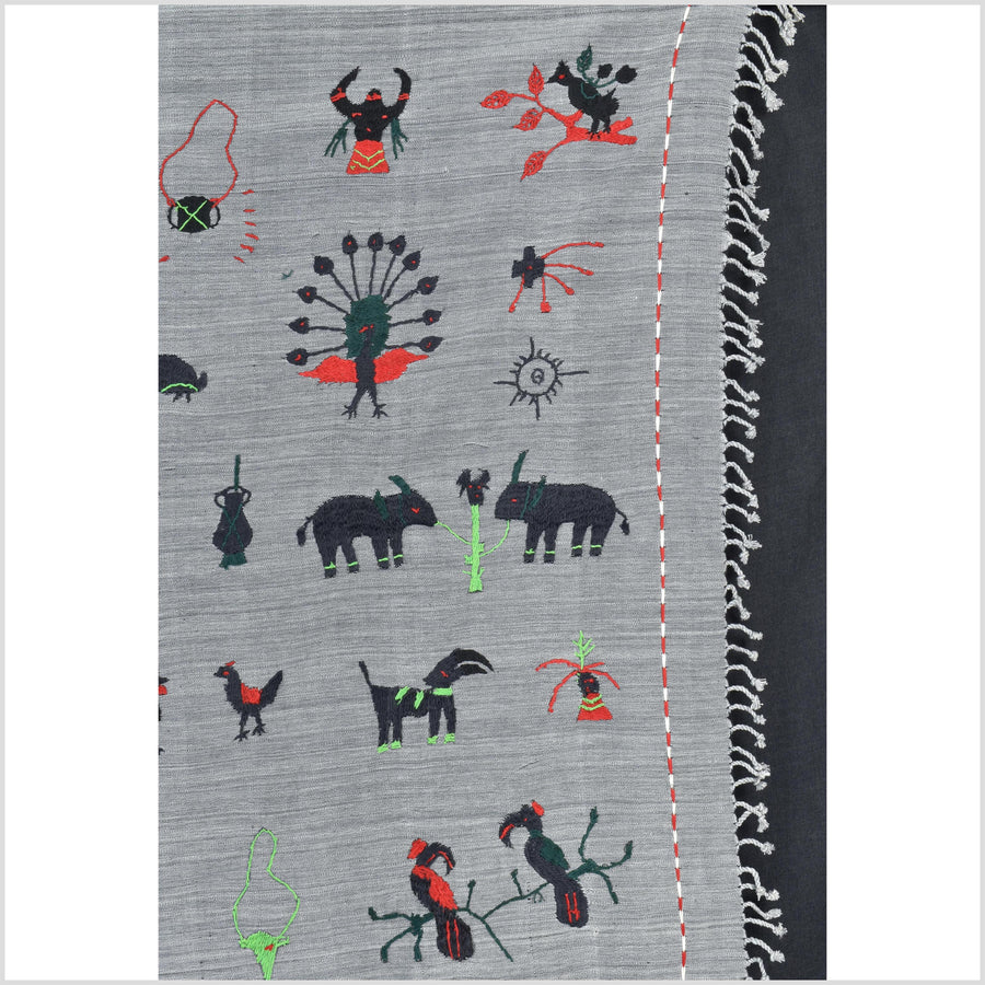 Pewter gray cotton story quilt Naga tribal textile ethnic embroidered boho fabric Burma hill tribe tapestry Thailand India Hmong II248