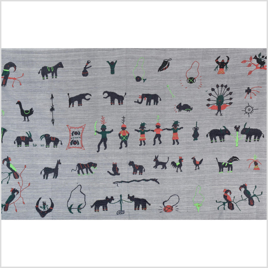 Pewter gray cotton story quilt Naga tribal textile ethnic embroidered boho fabric Burma hill tribe tapestry Thailand India Hmong II248