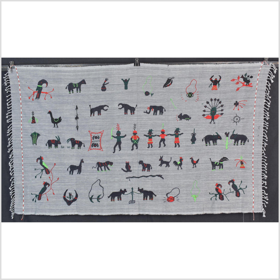 Pewter gray cotton story quilt Naga tribal textile ethnic embroidered boho fabric Burma hill tribe tapestry Thailand India Hmong II248