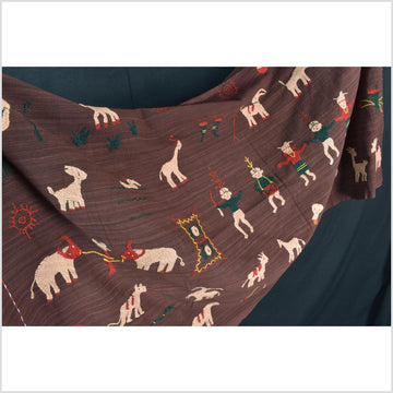 Chocolate brown cotton story quilt Naga tribal textile ethnic embroidered boho fabric Burma hill tribe tapestry Thailand India Hmong II249