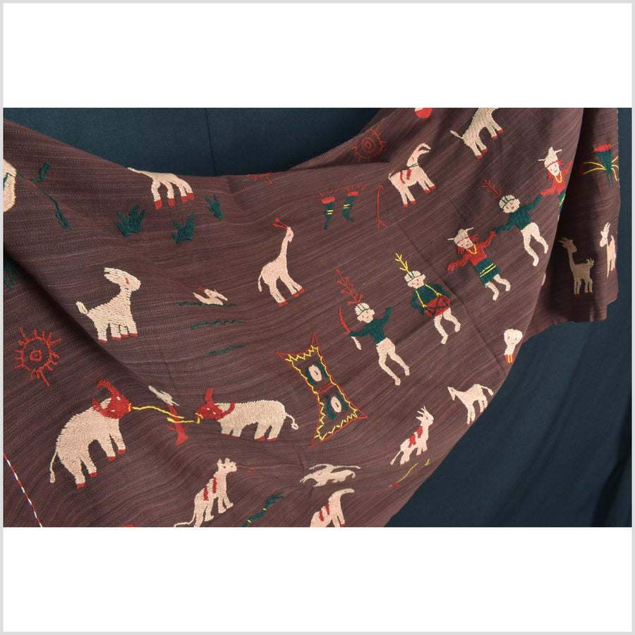 Chocolate brown cotton story quilt Naga tribal textile ethnic embroidered boho fabric Burma hill tribe tapestry Thailand India Hmong II249