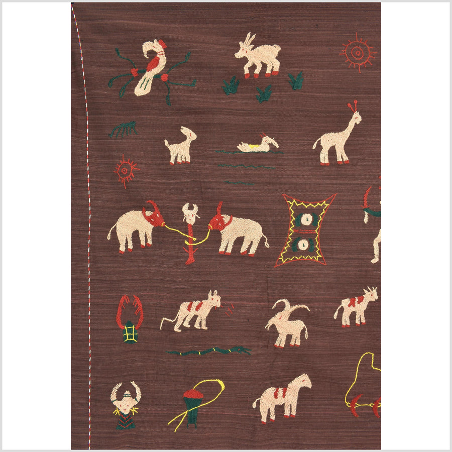 Chocolate brown cotton story quilt Naga tribal textile ethnic embroidered boho fabric Burma hill tribe tapestry Thailand India Hmong II249