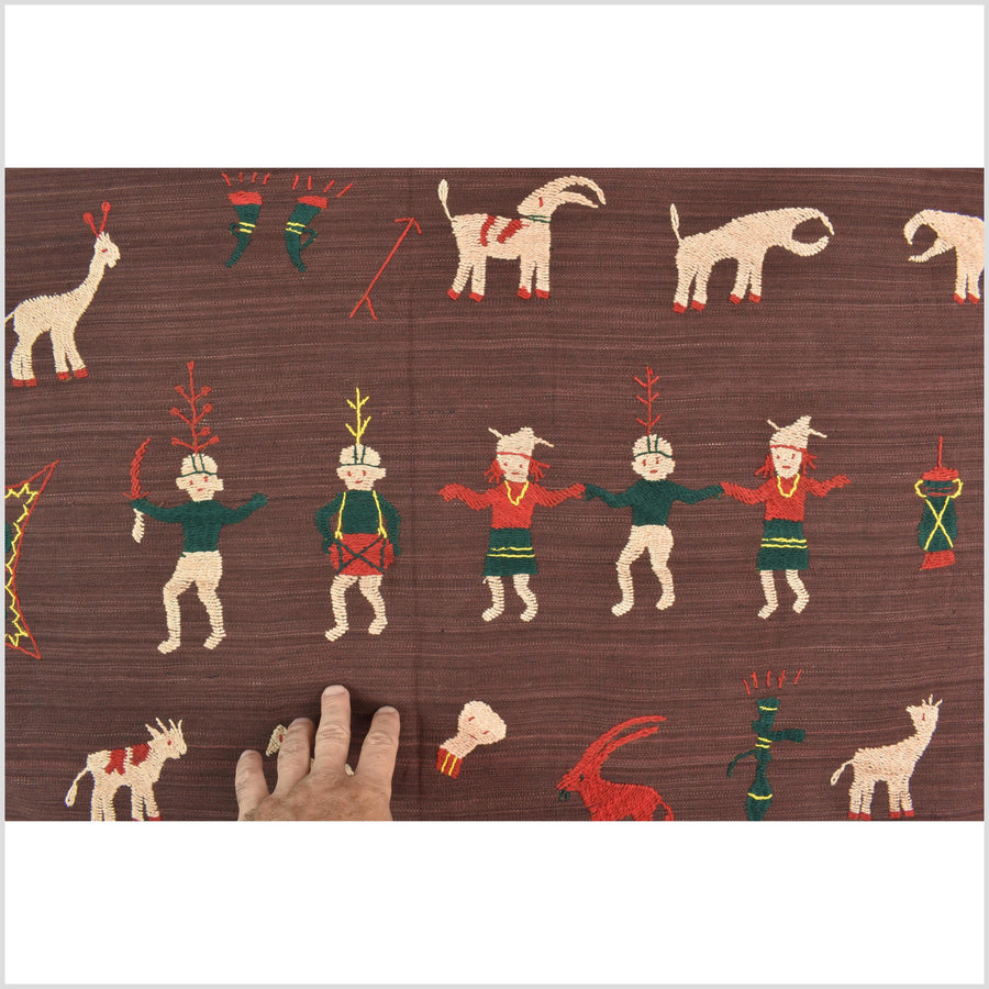 Chocolate brown cotton story quilt Naga tribal textile ethnic embroidered boho fabric Burma hill tribe tapestry Thailand India Hmong II249