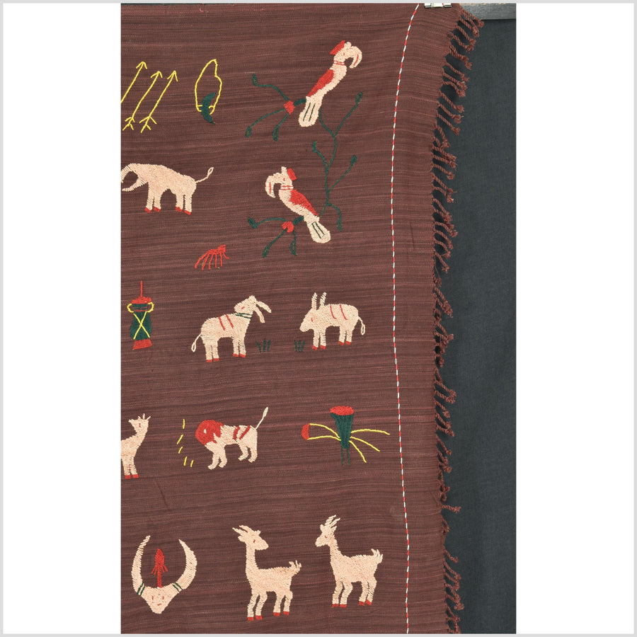 Chocolate brown cotton story quilt Naga tribal textile ethnic embroidered boho fabric Burma hill tribe tapestry Thailand India Hmong II249
