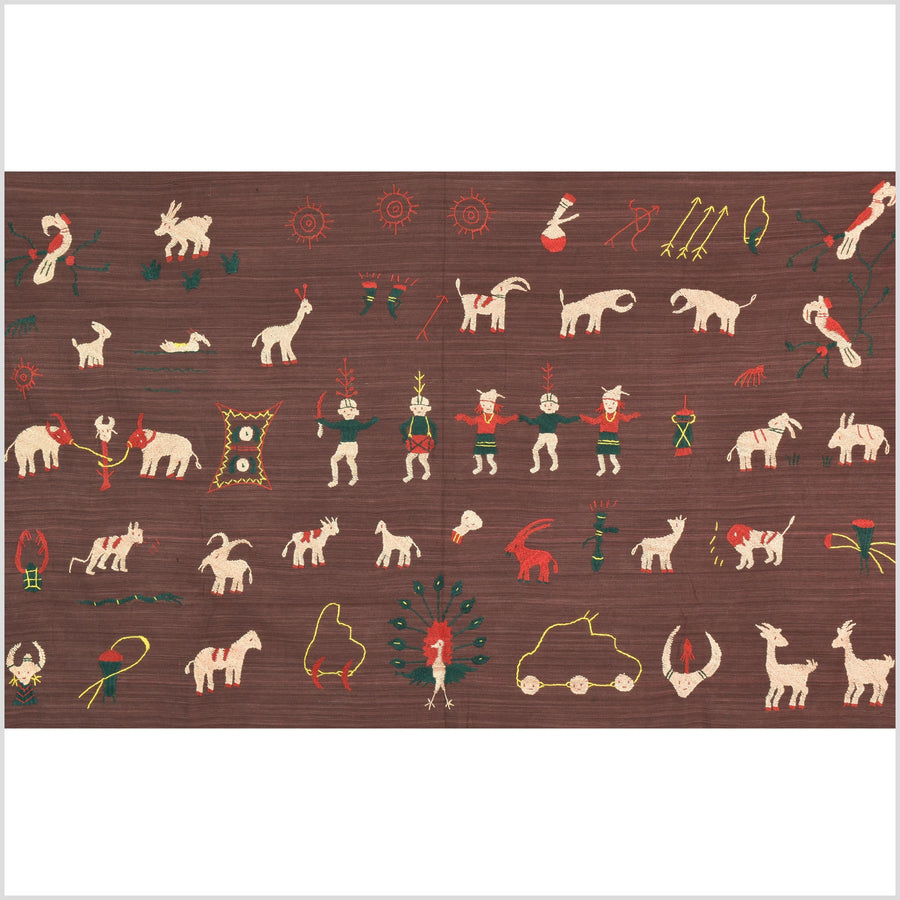 Chocolate brown cotton story quilt Naga tribal textile ethnic embroidered boho fabric Burma hill tribe tapestry Thailand India Hmong II249