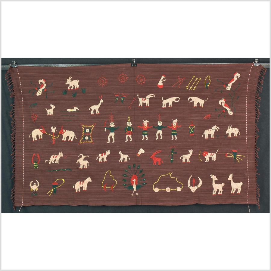 Chocolate brown cotton story quilt Naga tribal textile ethnic embroidered boho fabric Burma hill tribe tapestry Thailand India Hmong II249