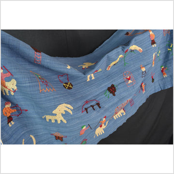 Cornflower blue cotton story quilt Naga tribal textile ethnic embroidered boho fabric Burma hill tribe tapestry Thailand India Hmong II250