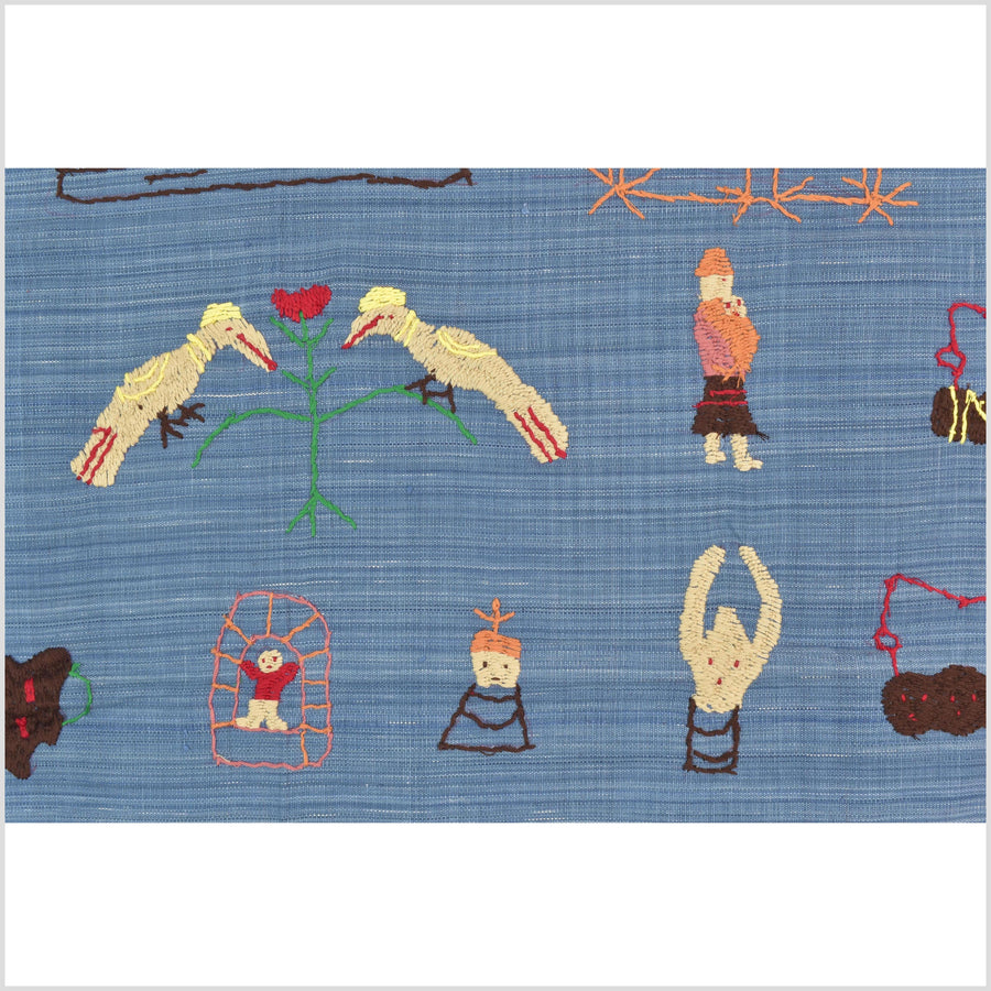 Cornflower blue cotton story quilt Naga tribal textile ethnic embroidered boho fabric Burma hill tribe tapestry Thailand India Hmong II250