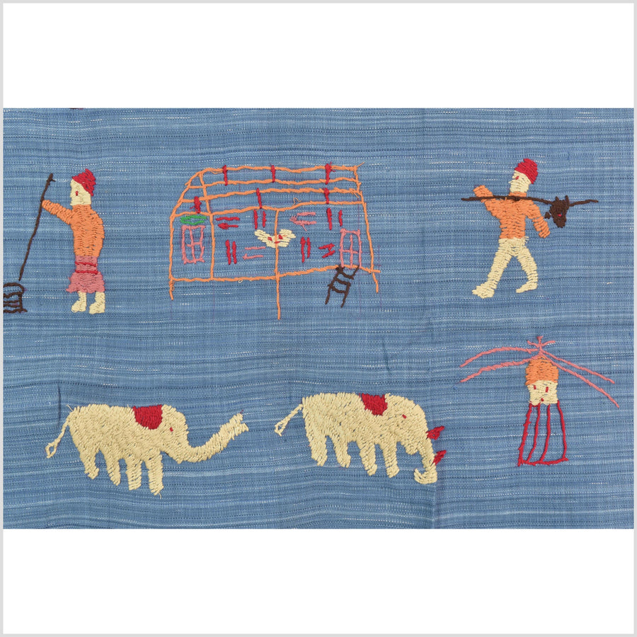 Cornflower blue cotton story quilt Naga tribal textile ethnic embroidered boho fabric Burma hill tribe tapestry Thailand India Hmong II250
