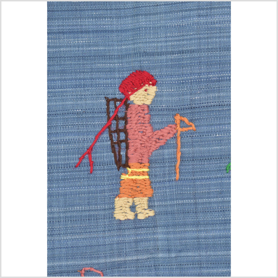Cornflower blue cotton story quilt Naga tribal textile ethnic embroidered boho fabric Burma hill tribe tapestry Thailand India Hmong II250