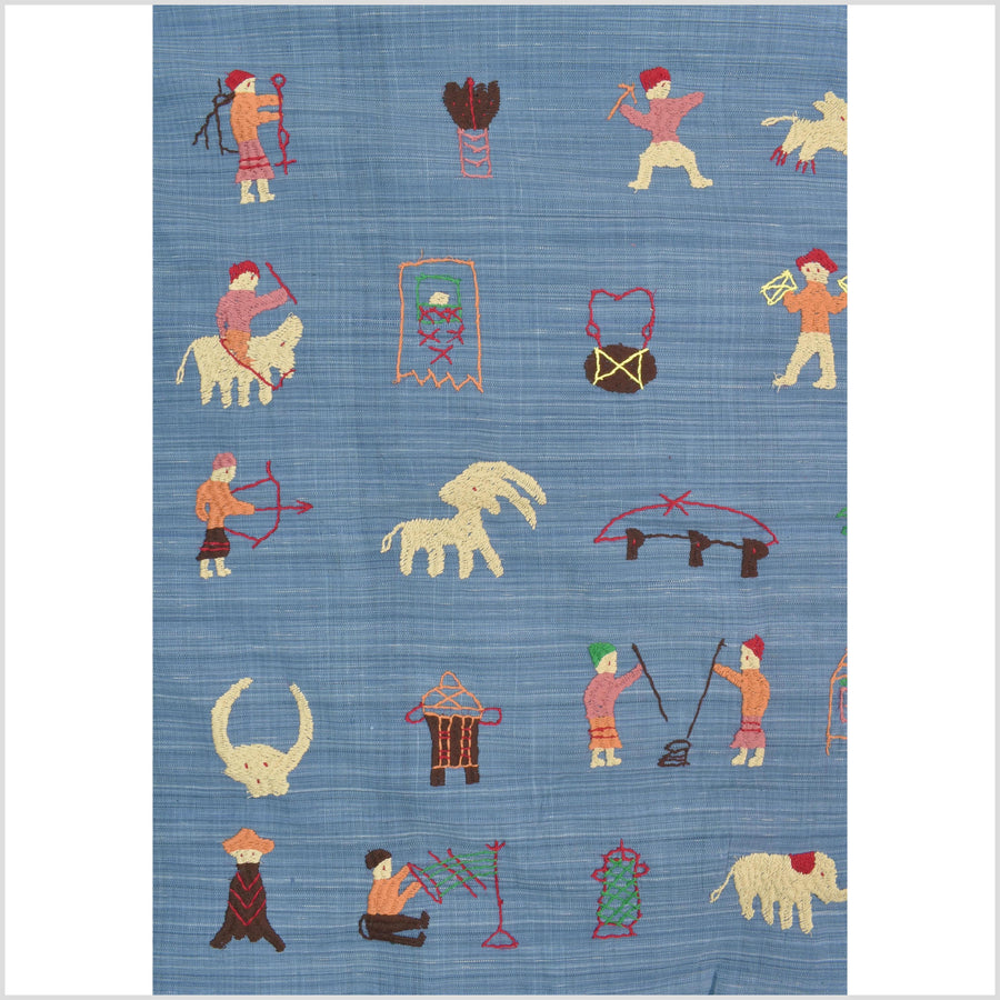 Cornflower blue cotton story quilt Naga tribal textile ethnic embroidered boho fabric Burma hill tribe tapestry Thailand India Hmong II250