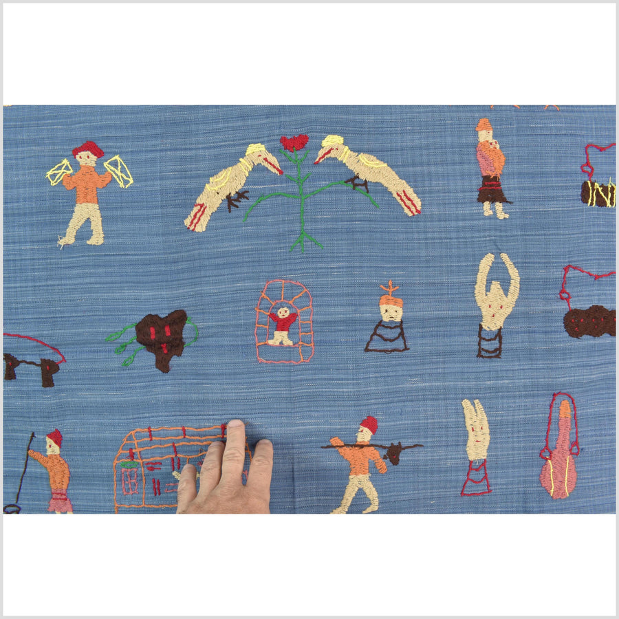 Cornflower blue cotton story quilt Naga tribal textile ethnic embroidered boho fabric Burma hill tribe tapestry Thailand India Hmong II250