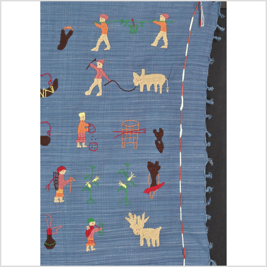 Cornflower blue cotton story quilt Naga tribal textile ethnic embroidered boho fabric Burma hill tribe tapestry Thailand India Hmong II250