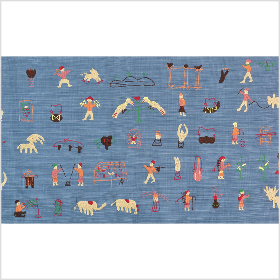 Cornflower blue cotton story quilt Naga tribal textile ethnic embroidered boho fabric Burma hill tribe tapestry Thailand India Hmong II250