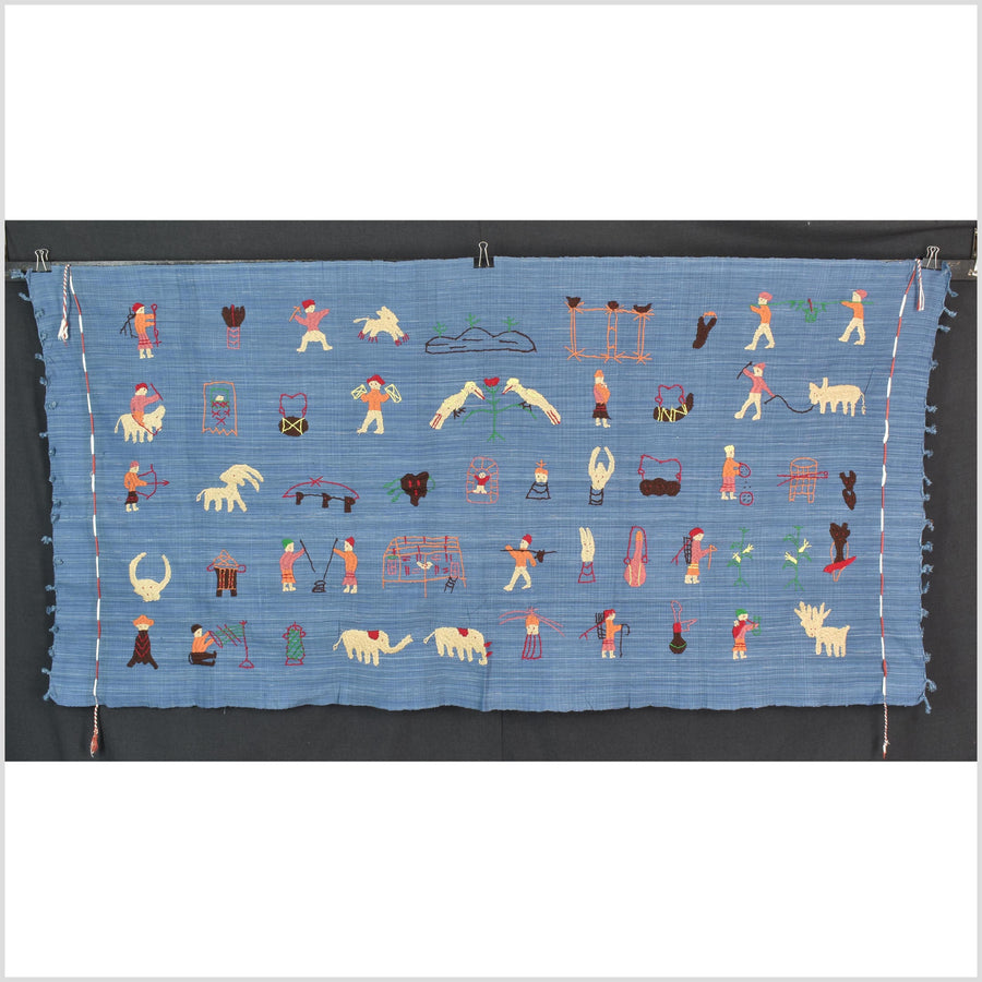 Cornflower blue cotton story quilt Naga tribal textile ethnic embroidered boho fabric Burma hill tribe tapestry Thailand India Hmong II250