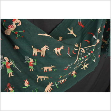Dark emerald green cotton story quilt Naga tribal textile ethnic embroidered boho fabric Burma hill tribe tapestry Thai India Hmong II251