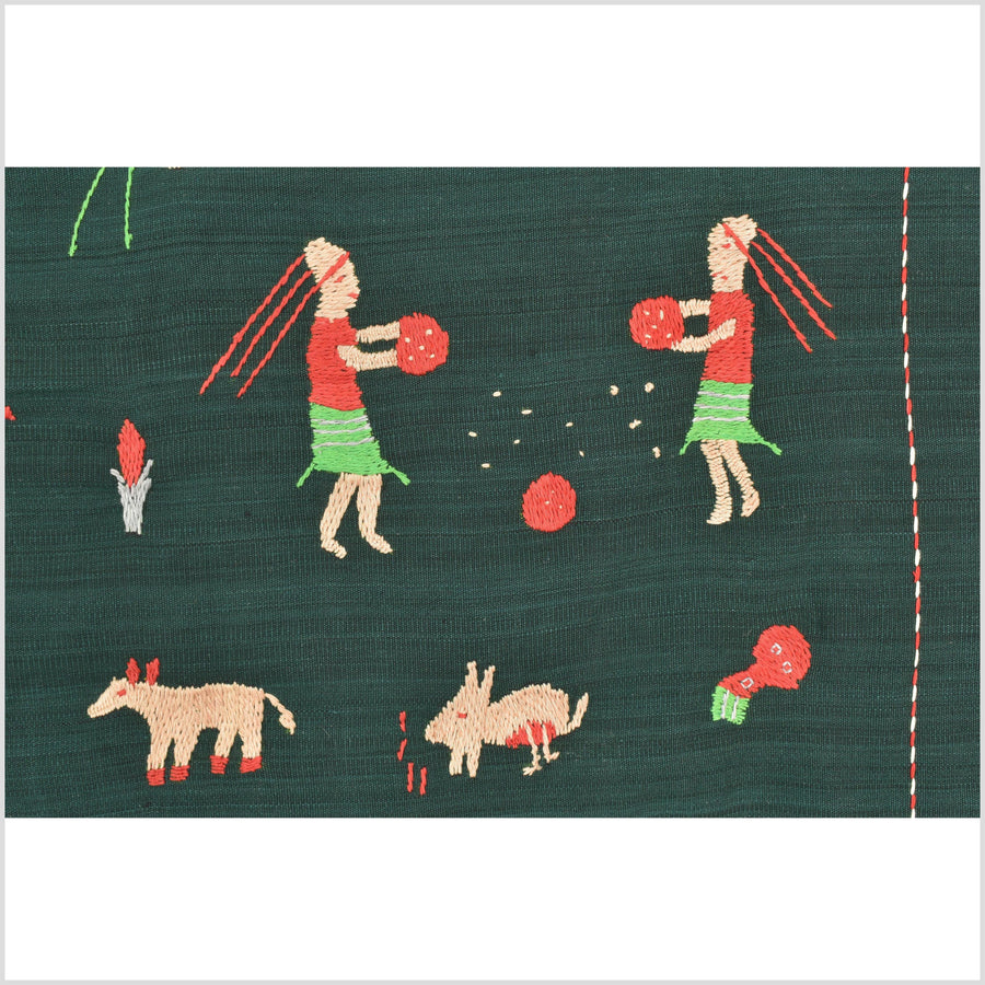 Dark emerald green cotton story quilt Naga tribal textile ethnic embroidered boho fabric Burma hill tribe tapestry Thai India Hmong II251