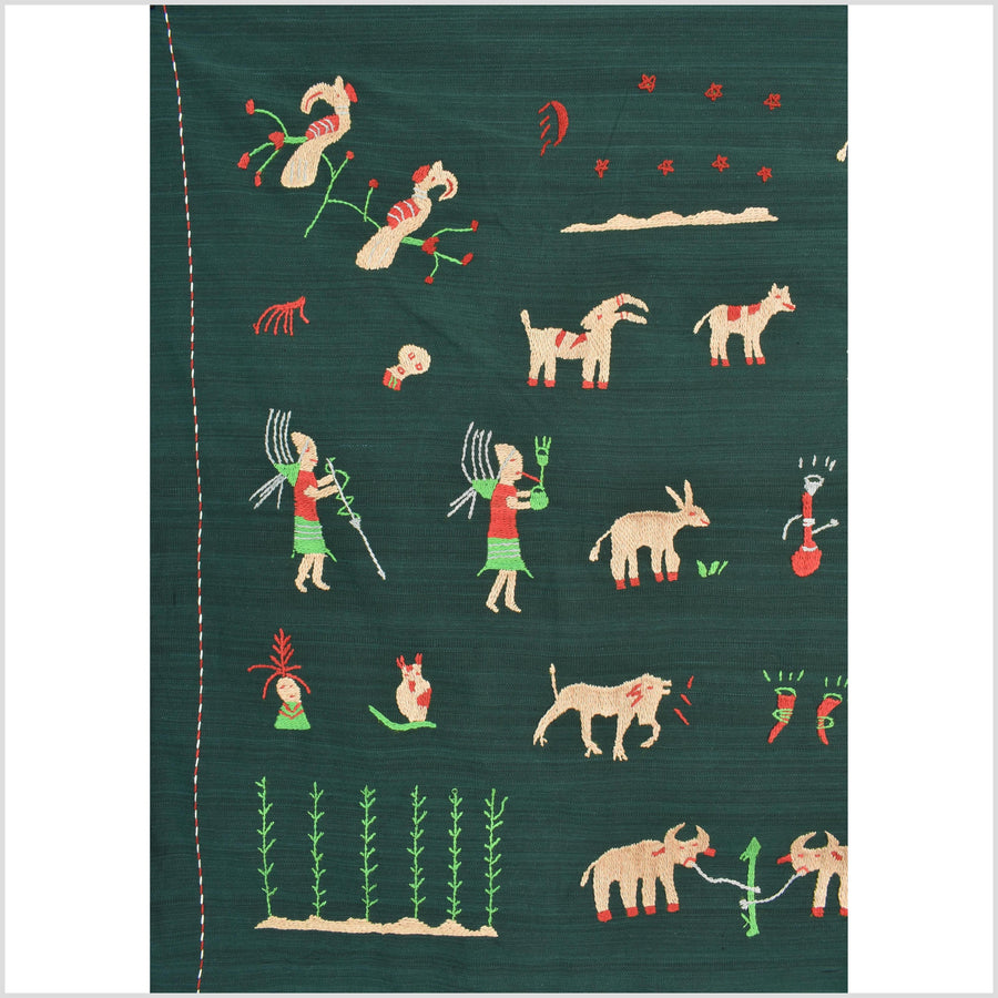 Dark emerald green cotton story quilt Naga tribal textile ethnic embroidered boho fabric Burma hill tribe tapestry Thai India Hmong II251