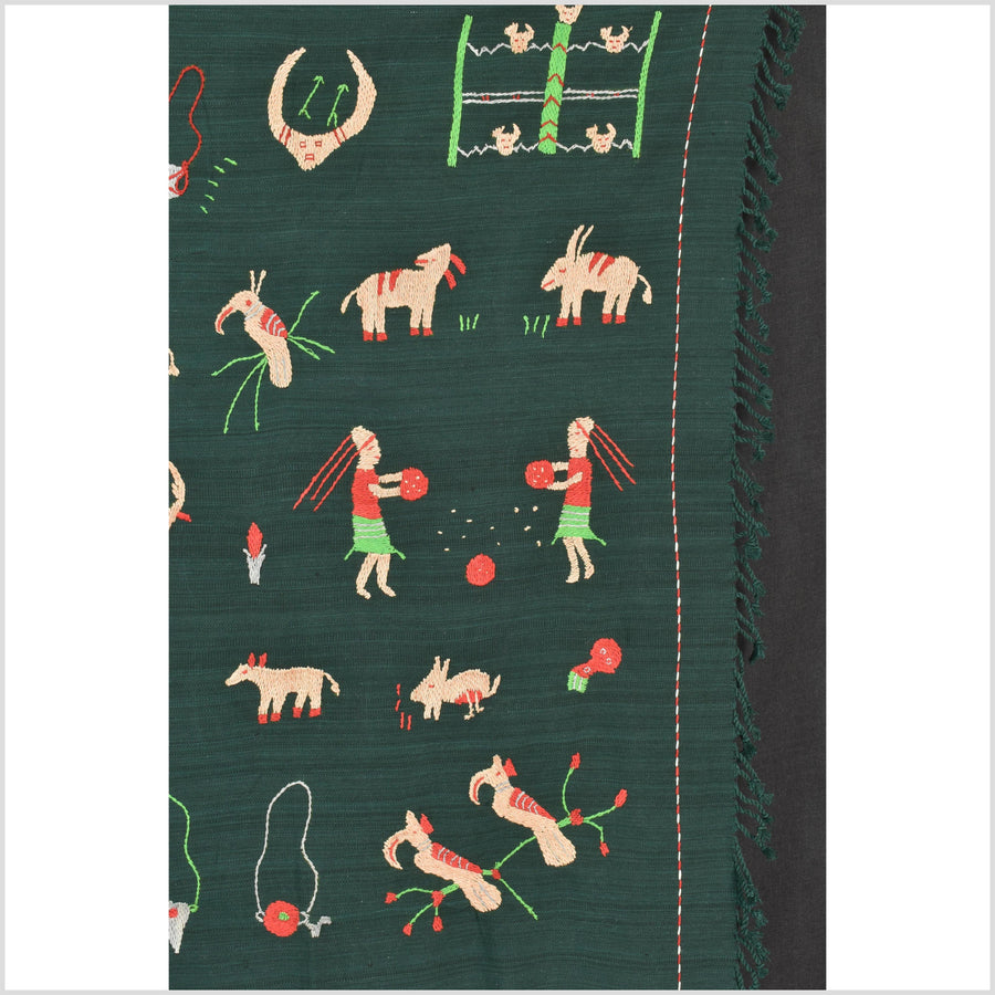 Dark emerald green cotton story quilt Naga tribal textile ethnic embroidered boho fabric Burma hill tribe tapestry Thai India Hmong II251