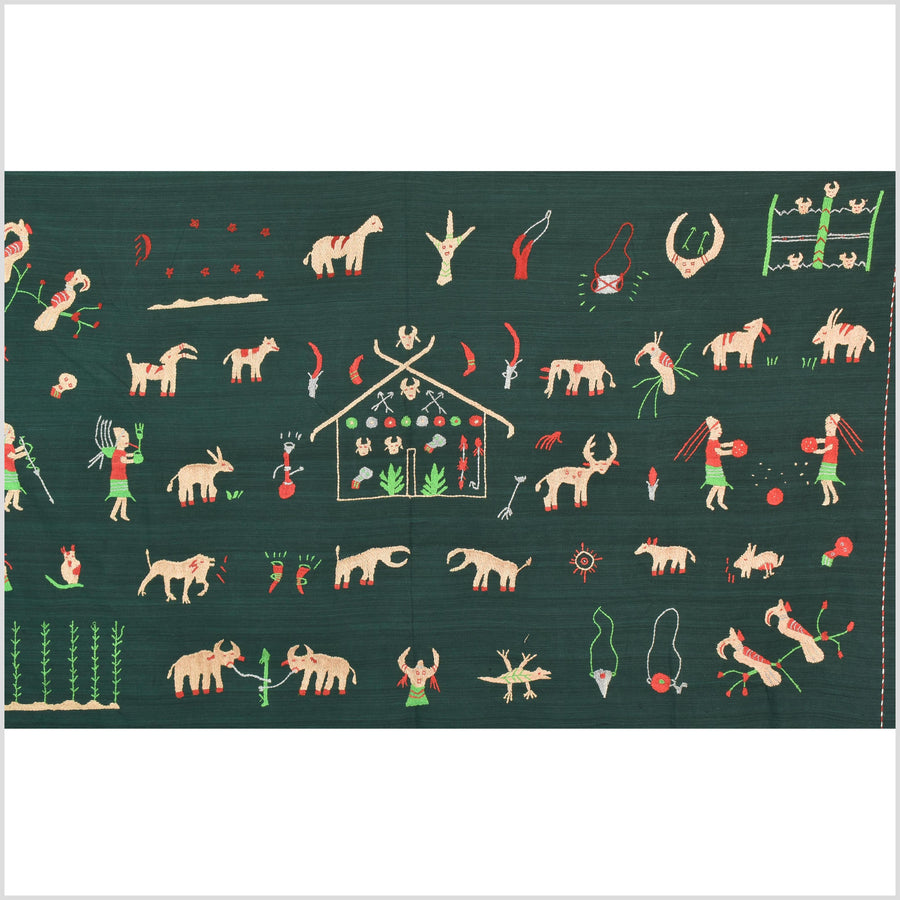 Dark emerald green cotton story quilt Naga tribal textile ethnic embroidered boho fabric Burma hill tribe tapestry Thai India Hmong II251