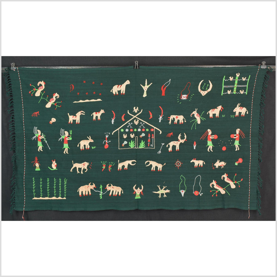 Dark emerald green cotton story quilt Naga tribal textile ethnic embroidered boho fabric Burma hill tribe tapestry Thai India Hmong II251