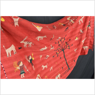 Crimson red cotton story quilt Naga tribal textile ethnic embroidered boho fabric Burma hill tribe tapestry Thai India Hmong II252