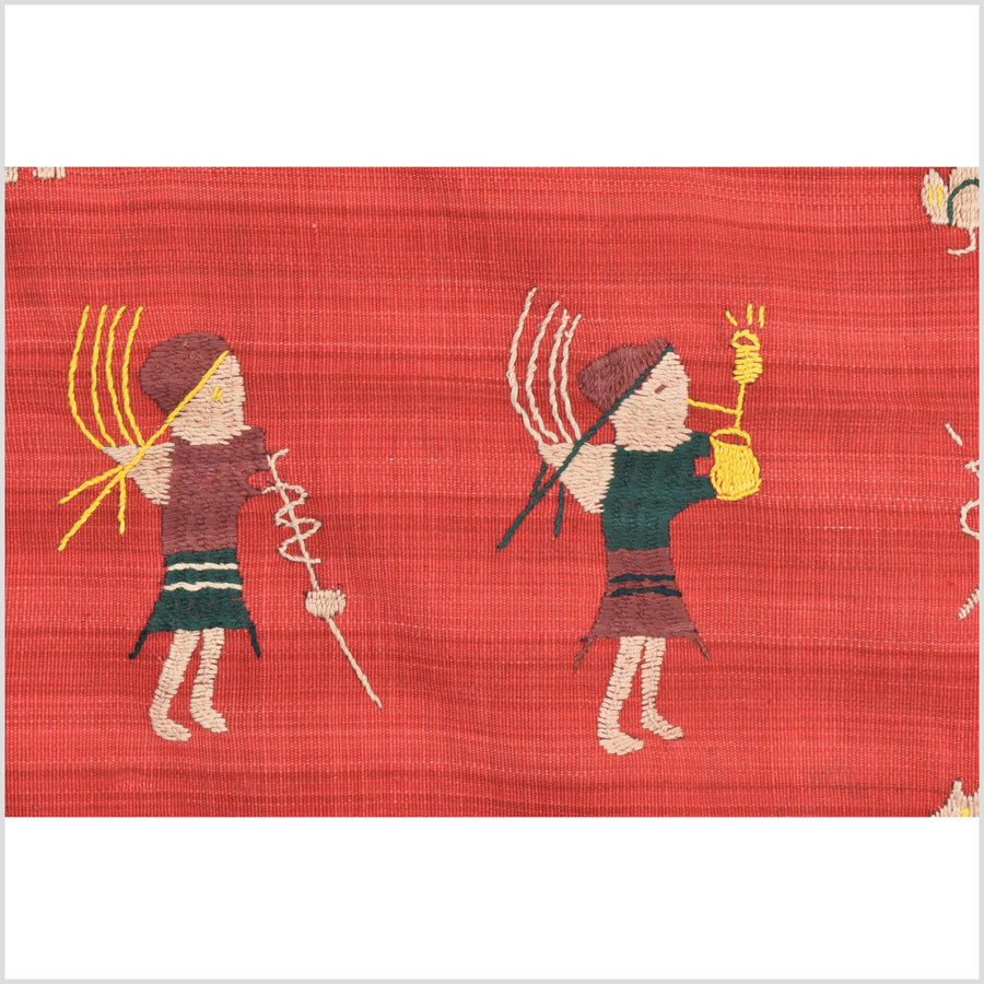 Crimson red cotton story quilt Naga tribal textile ethnic embroidered boho fabric Burma hill tribe tapestry Thai India Hmong II252