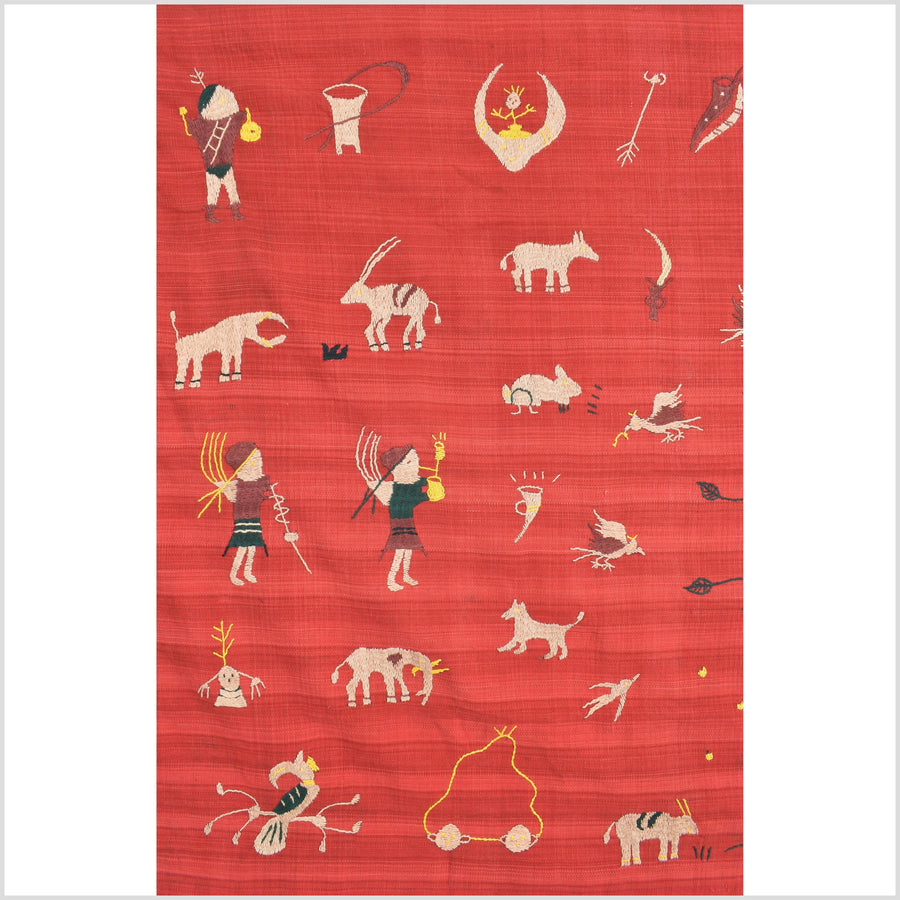 Crimson red cotton story quilt Naga tribal textile ethnic embroidered boho fabric Burma hill tribe tapestry Thai India Hmong II252