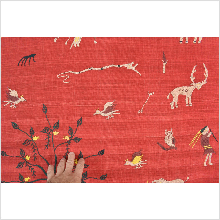 Crimson red cotton story quilt Naga tribal textile ethnic embroidered boho fabric Burma hill tribe tapestry Thai India Hmong II252