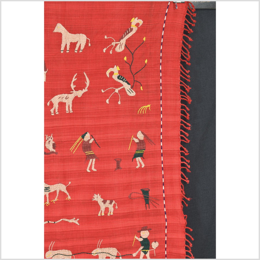 Crimson red cotton story quilt Naga tribal textile ethnic embroidered boho fabric Burma hill tribe tapestry Thai India Hmong II252