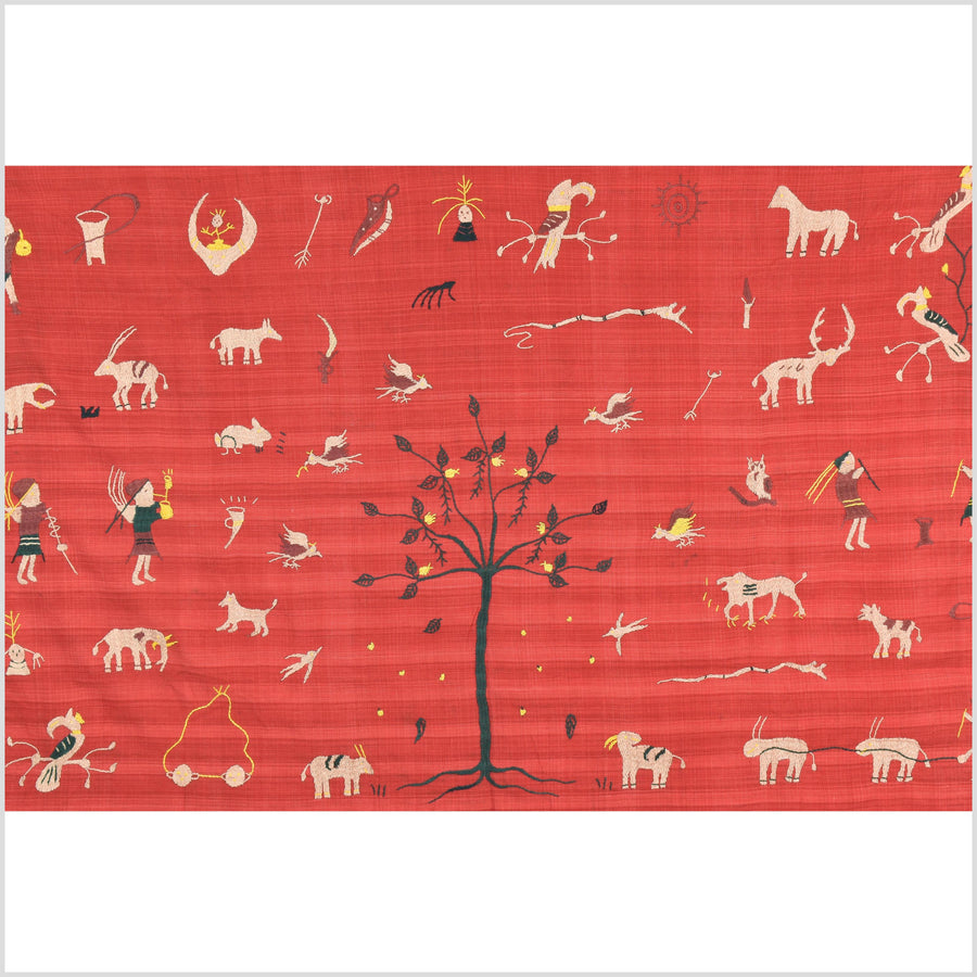 Crimson red cotton story quilt Naga tribal textile ethnic embroidered boho fabric Burma hill tribe tapestry Thai India Hmong II252