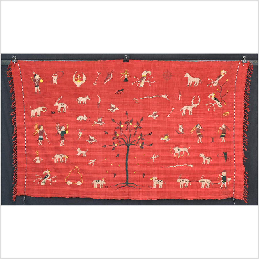 Crimson red cotton story quilt Naga tribal textile ethnic embroidered boho fabric Burma hill tribe tapestry Thai India Hmong II252