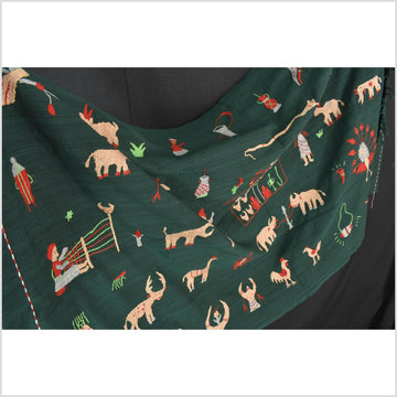 Dark emerald green cotton story quilt Naga tribal textile ethnic embroidered boho fabric Burma hill tribe tapestry Thai India Hmong II253