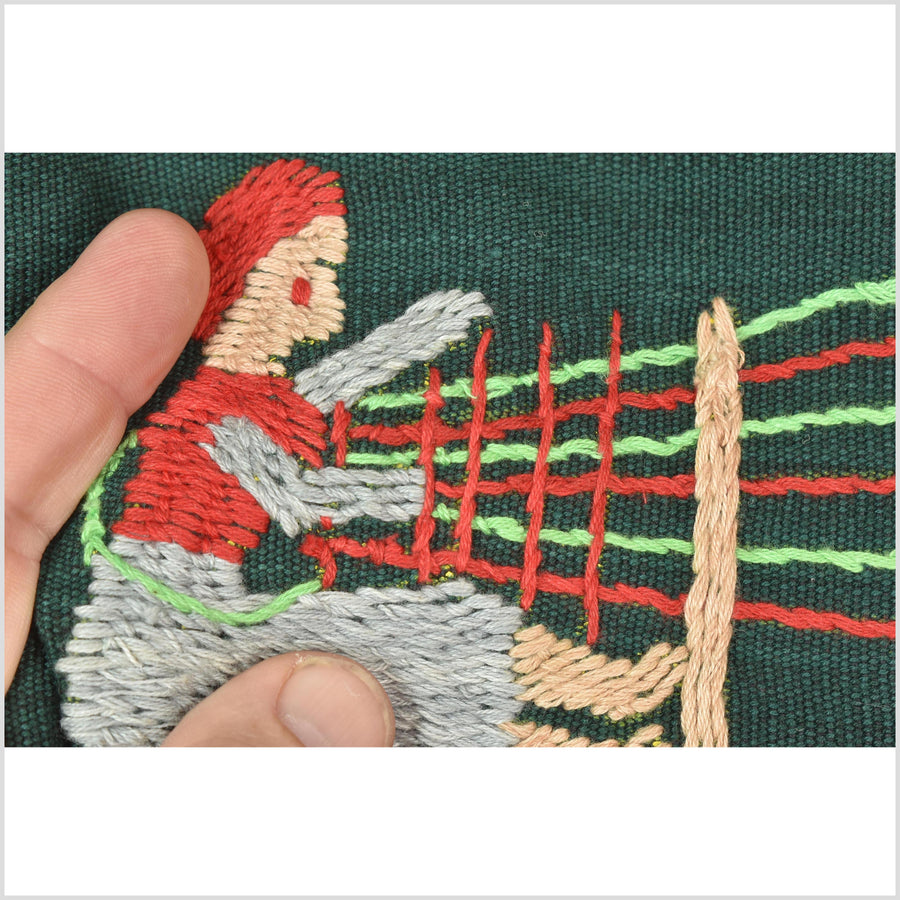Dark emerald green cotton story quilt Naga tribal textile ethnic embroidered boho fabric Burma hill tribe tapestry Thai India Hmong II253