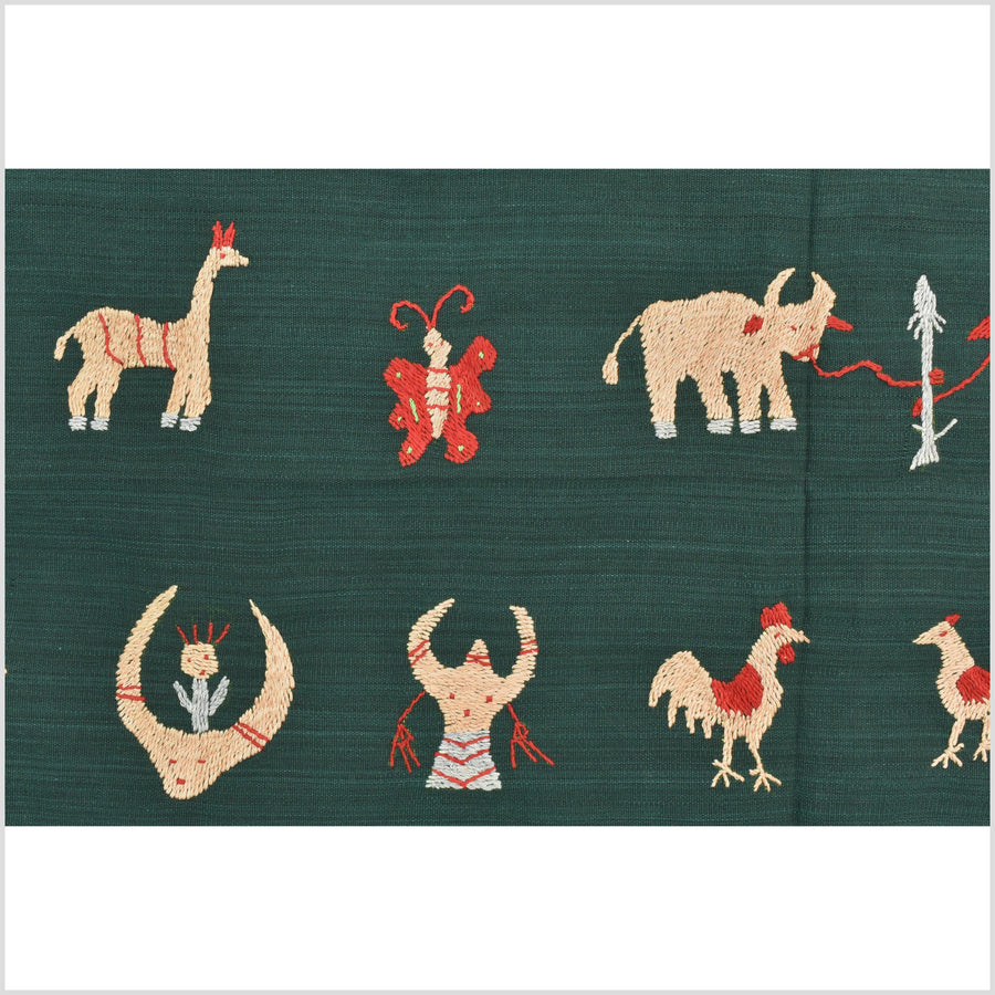 Dark emerald green cotton story quilt Naga tribal textile ethnic embroidered boho fabric Burma hill tribe tapestry Thai India Hmong II253