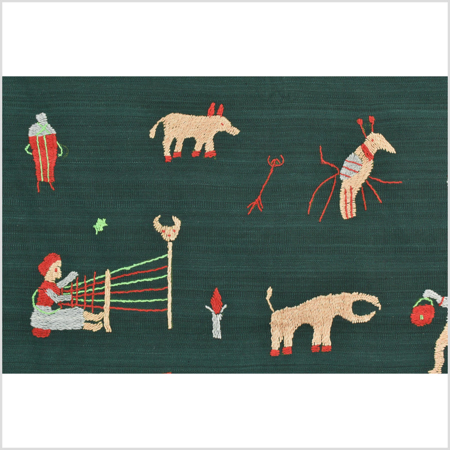 Dark emerald green cotton story quilt Naga tribal textile ethnic embroidered boho fabric Burma hill tribe tapestry Thai India Hmong II253