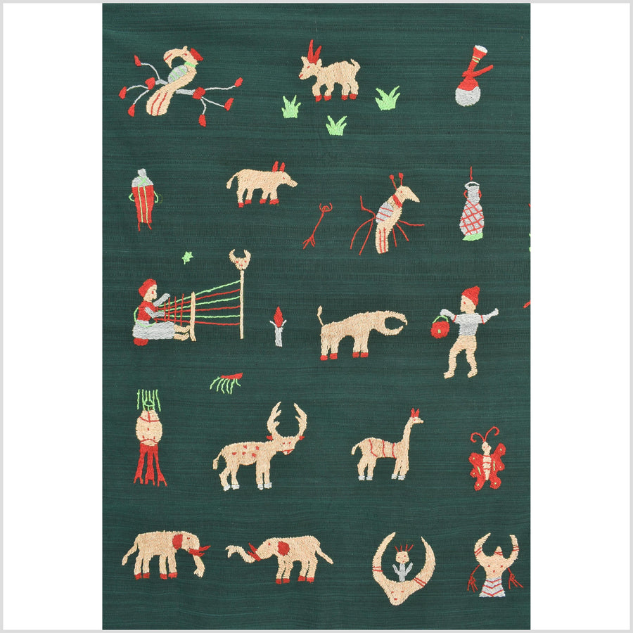 Dark emerald green cotton story quilt Naga tribal textile ethnic embroidered boho fabric Burma hill tribe tapestry Thai India Hmong II253