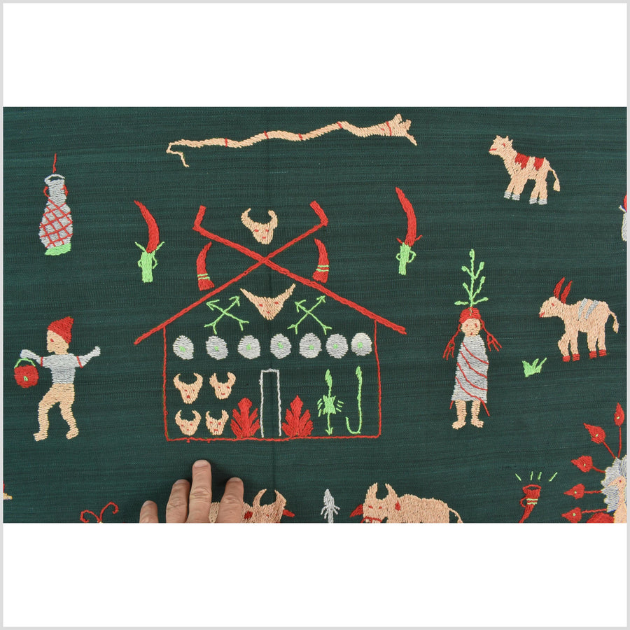 Dark emerald green cotton story quilt Naga tribal textile ethnic embroidered boho fabric Burma hill tribe tapestry Thai India Hmong II253