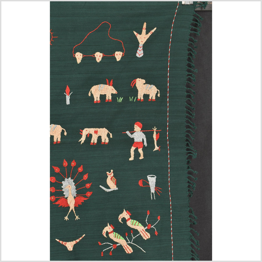Dark emerald green cotton story quilt Naga tribal textile ethnic embroidered boho fabric Burma hill tribe tapestry Thai India Hmong II253