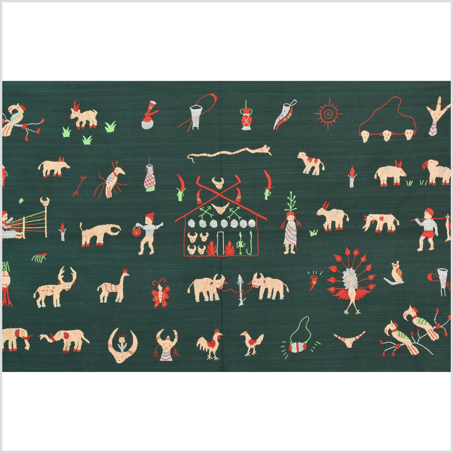 Dark emerald green cotton story quilt Naga tribal textile ethnic embroidered boho fabric Burma hill tribe tapestry Thai India Hmong II253