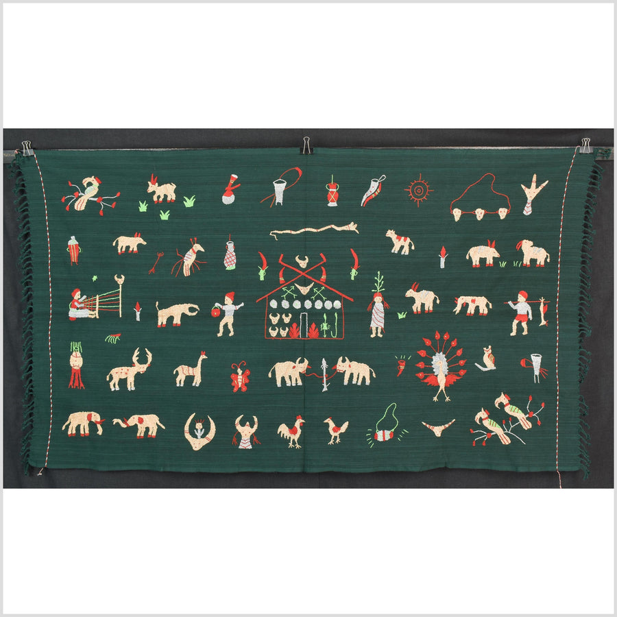 Dark emerald green cotton story quilt Naga tribal textile ethnic embroidered boho fabric Burma hill tribe tapestry Thai India Hmong II253