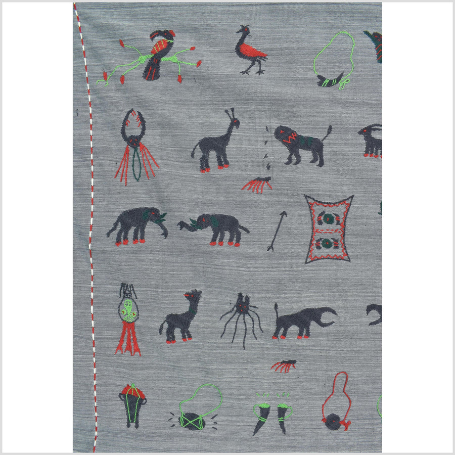 Pewter gray cotton story quilt Naga tribal textile ethnic embroidered boho fabric Burma hill tribe tapestry Thailand India Hmong II254